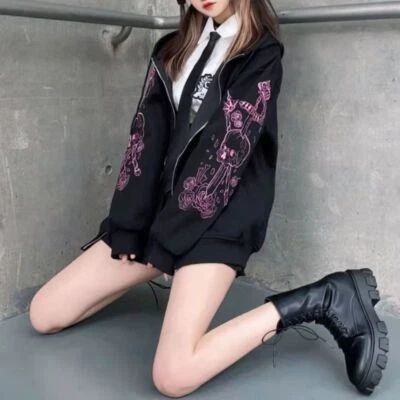 S-XXL Dark Aesthetic Gothic Anime Harajuku Punk Hoodie Long Sleeve Zipper Jacket - Image 1 of 4