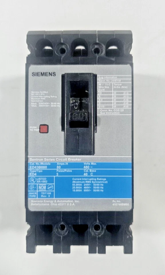 Siemens Sentron Séries ED4 ED43B080 Disjoncteur 3P, 80A, 480V 18KA - Photo 1/4