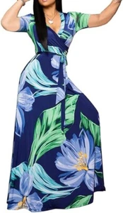 Locryz Women's Loose Fit V-Neck Wrap Short Sleeve Floral Belted Maxi Dress, M - Picture 1 of 9