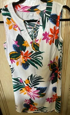 Old Navy Tropical Hawaiian Floral Sleevelessi Tie-Neck Shift Tank Tunic Dress S - Image 1 of 4