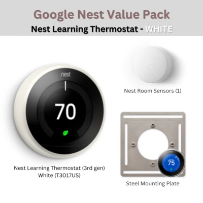 WHITE Pack: Nest Learning Thermostat 3rd gen + 1x Room Sensor + Mounting Plate - Image 1 of 4