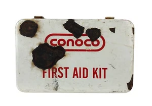 Vintage Full CONOCO Gas Oil Service Station Metal First Aid Kit Box - Picture 1 of 11
