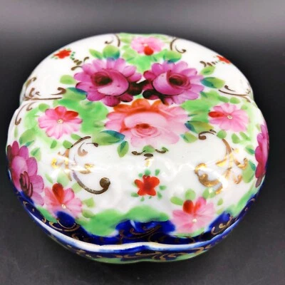 Antiga caixa de pó Nippon pintada à mão com tampa bugigangas azul cobalto rosa  - Imagem 1 de 4