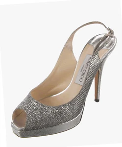 JIMMY CHOO 37 Clue Glittered Silver Leather Platform Slingbacks Heels 6.5 - Picture 1 of 5