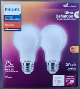 (6 Bulbs) Philips UltraDef LED 75W Frosted Soft White A19 2P 9W Dimmable - Picture 1 of 2
