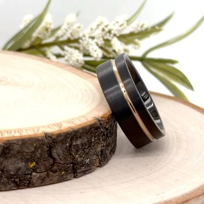 8毫米黑色钨刻戒指圆顶玫瑰金凹槽带圣诞礼物 — 第 1/4 张图片