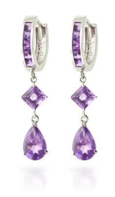 14K. GOLD HUGGIE EARRINGS WITH DANGLING AMETHYST (White Gold) - Image 1 of 4