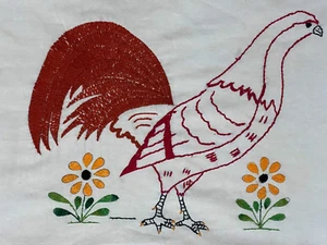 Hand Embroidered Pillow Cases Pheasants & Daisies 25-1/2" x 16" Linen - Picture 1 of 8