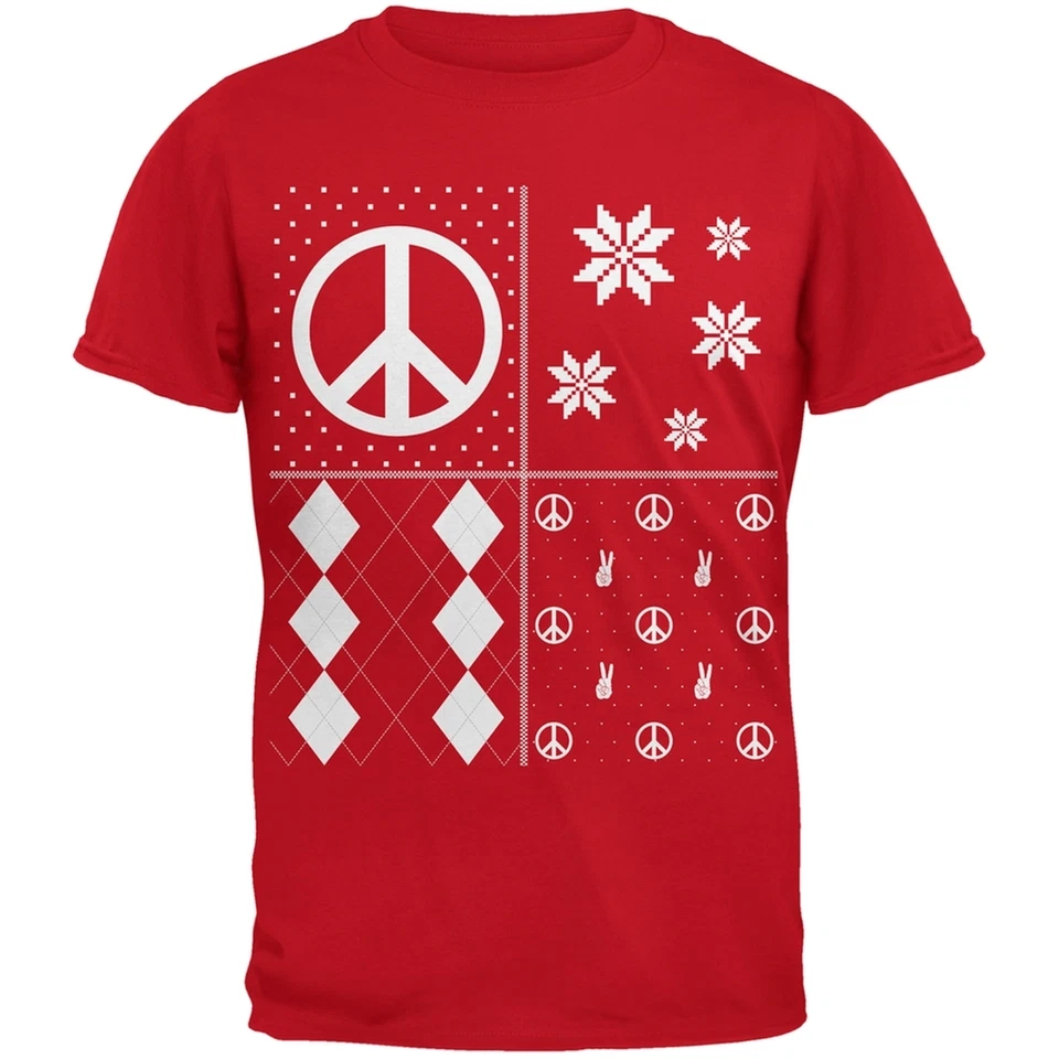 Peace Sign Festive Blocks Feo Navidad Suéter Rojo Juvenil Camiseta Foto 1 de 1