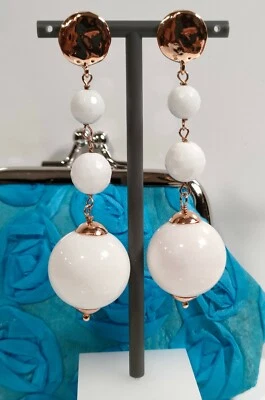 Orecchini Pendenti donna Argento 925 rosé pietre naturali Agata bianca  - Immagine 1 di 4