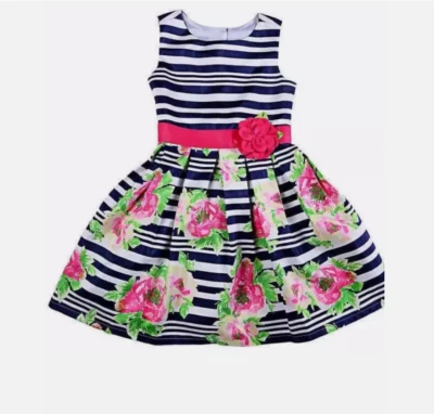 Vestido floral listrado feminino Jona Michelle (marinho/branco/rosa 6 meses) novo com etiquetas - Imagem 1 de 4