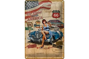 Blechschild Retro 20x30 cm Pinup Car Travel trough America Deko Schild tin sign  - Picture 1 of 5