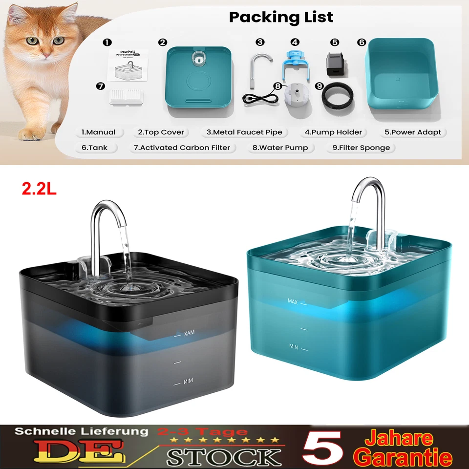 2.2L Trinkbrunnen für Katze Katzen Hunde Wasserbrunnen Katzenbrunnen Ultraleise  - Bild 1 von 1