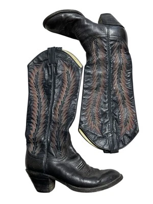 Vintage 80s Larry Mahan Tall Leather Intricate Stitch Cowboy Boots Women 6 USA - Image 1 of 4