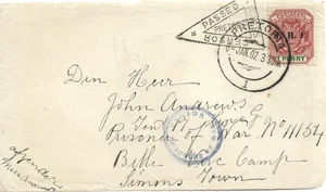 Guerra de los Bóers 1902 censurado ERI 1d frente - Pretoria a tienda 17 Bellevue Simons Town - Imagen 1 de 1