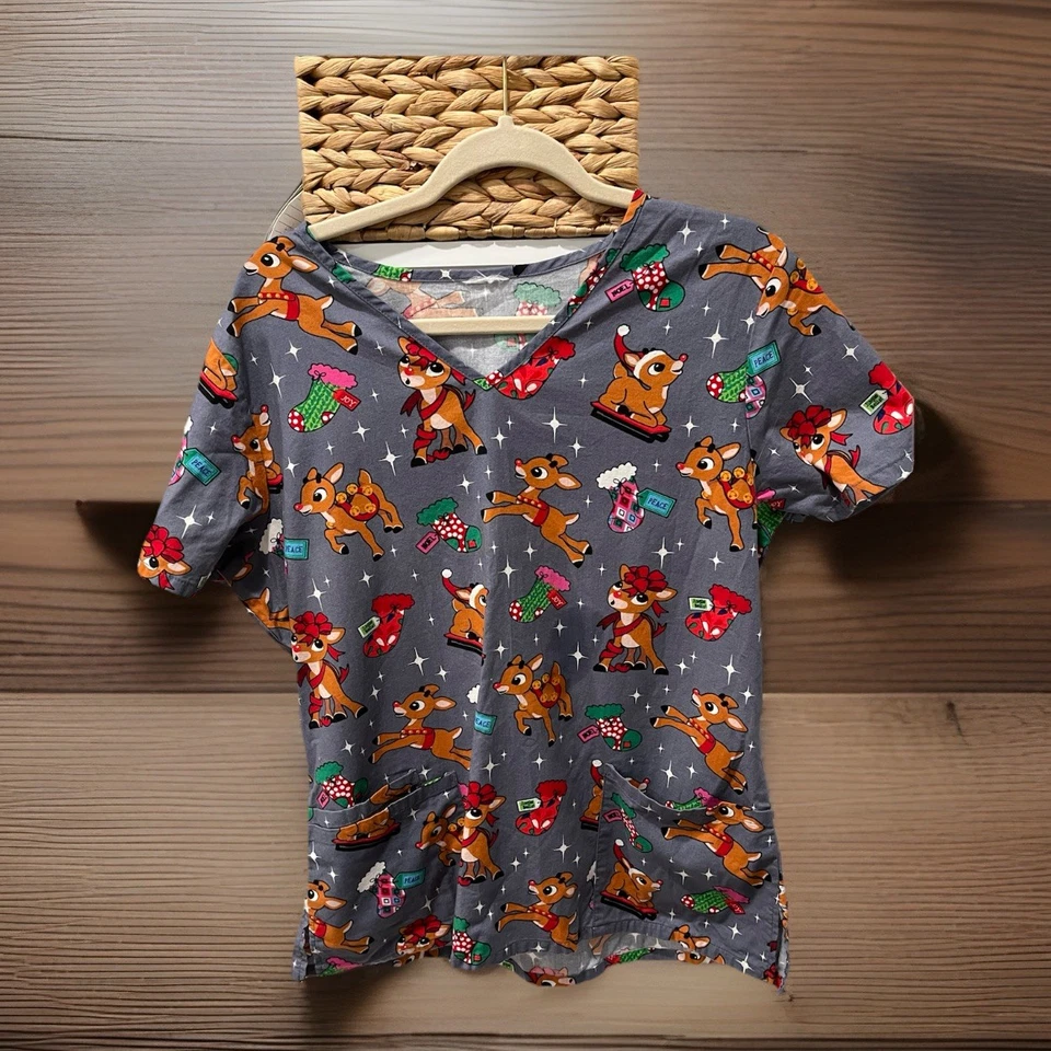 Women’s Large Christmas Scrub Top Rudolph Reindeer Gray Festive Stretch Pockets - Image 1 of 4