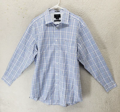 Black Brown 1826 Shirt Mens 17.5 35 Blue White Plaid Classic Fit Non Iron Cotton - Image 1 of 4