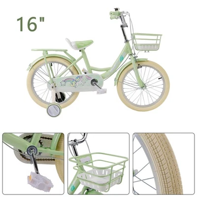 Bicicleta Infantil 16" Niñas Bicicleta con Ruedas Auxiliares y Porta y Cesta Verde E4 Foto 1 de 4
