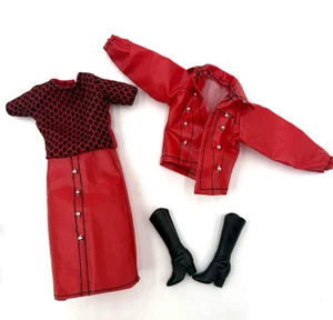 Vintage Barbie Fashion Doll Mommy Made Handmade Red Black Dress Jacket & Boots - Picture 1 of 7