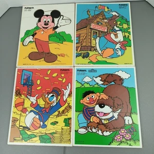 Vintage Playskool Wooden Tray Puzzles Lot of 4 Sesame Street Disney Scrooge Ern - Picture 1 of 15