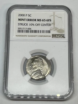 2000 P 5C Jefferson Nickel Mint Error Struck 10% Off Center 6 Full Step NGC MS65 - Image 1 of 4