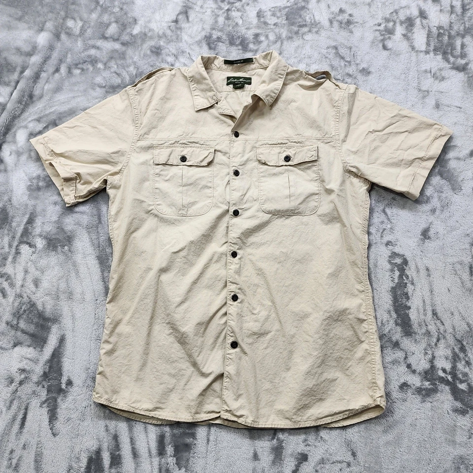 Eddie Bauer Shirt Mens L Beige Cotton Classic Fit Short Sleeve Button Down  - Image 1 of 4