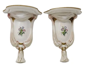 Vintage Porzellan Wandregal Wandleuchter Set 2 Blumen Rosa Goldrand Viktorianisch Landhaus - Bild 1 von 16