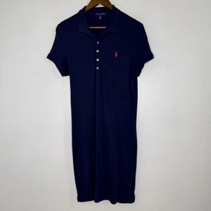Vestido Polo Ralph Lauren Para Mujer Grande Azul Manga Corta Cuello Rosa Poni Logo - Imagen 1 de 7