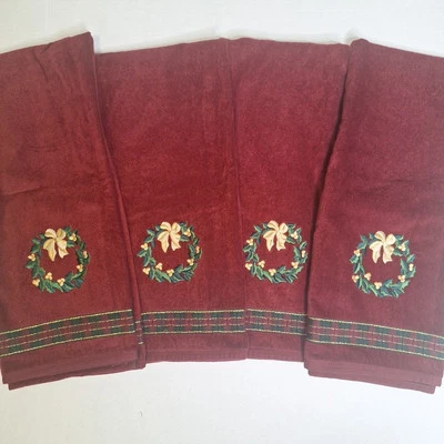 Juego de 4 Toallas de Baño Santens Guirnalda Bordada Borgoña Verde Dorado Navidad Foto 1 de 4