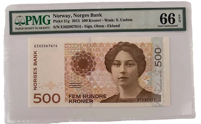 NORWAY PICK 51g - 500 KRONER - 2015 - PMG GEM UNC 66 EPQ - SIGRID UNDSET - Image 1 of 2