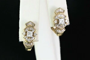 $3,850 14K Yellow Gold Princess Cut Round Baguette Diamond Omega Back Earrings - Picture 1 of 7