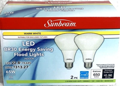 Sunbeam LED Flood Light BR30 65W = 8W Warm White 2-Pk Dimmable Indoor 120V - Image 1 of 4