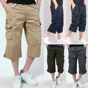 Men's Casual Cotton Cargo Shorts Outdoor Hiking 3/4 Length Below Knee Pants - Picture 1 of 23