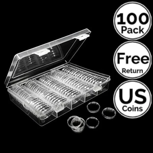 100 Pk Coin Capsule Holder w/Case 4 US Dime Nickel Quarter Half Small Dollar etc - Picture 1 of 10