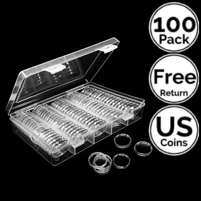 100 Pk Coin Capsule Holder w/Case 4 US Dime Nickel Quarter Half Small Dollar etc - Image 1 of 2