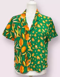 Tabitha Brown Shirt L Green Orange Fruit Print Linen Blend Button Front - Imagen 1 de 6