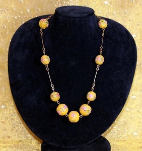 Antique Venetian Murano Yellow Wedding Cake Glass Fiorato Beads Necklace 41cm - Picture 1 of 17