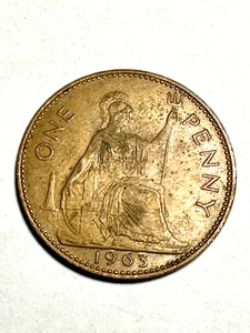 1963 Great Britain One Penny Queen Elizabeth II Large Cent World Coin KM#897 - Picture 1 of 2
