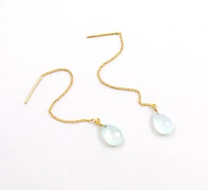 Solid 925 Sterling Silver Chalcedony Gold Plated Threader Beads Silver Earring - Picture 1 of 3