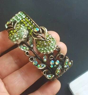  Rose flower Green Rhinestones Solid Bronze band Bangle,Unisex Cuff Figurine - Imagem 1 de 4