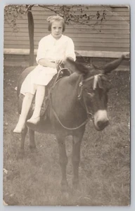 RPPC "Does this look natural?" Girl on Mule or Donkey 1913 ELMIRA NY white dress - Picture 1 of 3