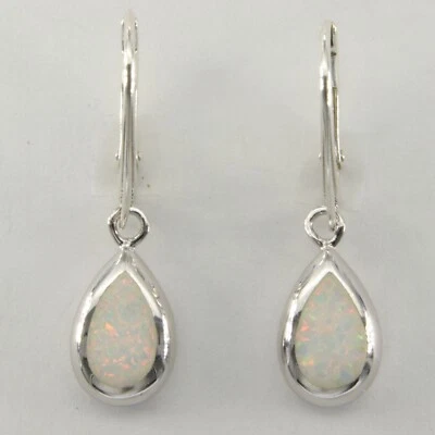 Pendientes colgantes blancos ópalo de fuego plata esterlina 925 rodio cierre de palanca #29e Foto 1 de 3