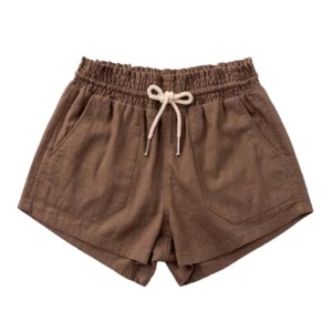 Linen Shorts Basic Pocket Drawstring Elastic Waist Dressy Pull On Bottoms Mocha - Picture 1 of 4