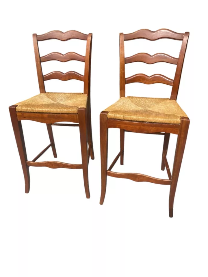 Ethan Allen 复古 24 英寸梯背柜台凳带拉什座椅(2 件套) — 第 1/4 张图片