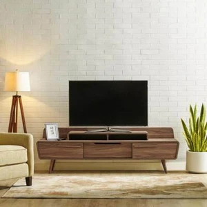 Mid-Century Design TV Stand with Shelves & Storage For TV's Up to 74” in Walnut - Picture 1 of 7
