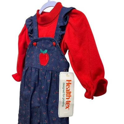 Salopette denim camicia manica lunga rossa vintage Health-tex bambini 12 m Apple anni 70 NOS USA - Immagine 1 di 4