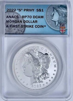 2022 $1 Fiji 1oz Silver Morgan Dollar S Privy ANACS Reverse Proof RP70DCAM FS - Image 1 of 2