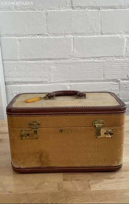 Dresner Brown Vintage Train Case Striped, Burgundy Leather Trim, Brass Hardware - Image 1 of 4