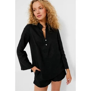 Tuckernuck Linen Tatum Collared Bell Sleeve Popover Blouse Top Black M - Picture 1 of 7