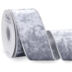 Ribbli Silver Velvet Wired Ribbon 2.5 Inch Metallic Silver Crushed Velvet Chr... - Picture 1 of 4